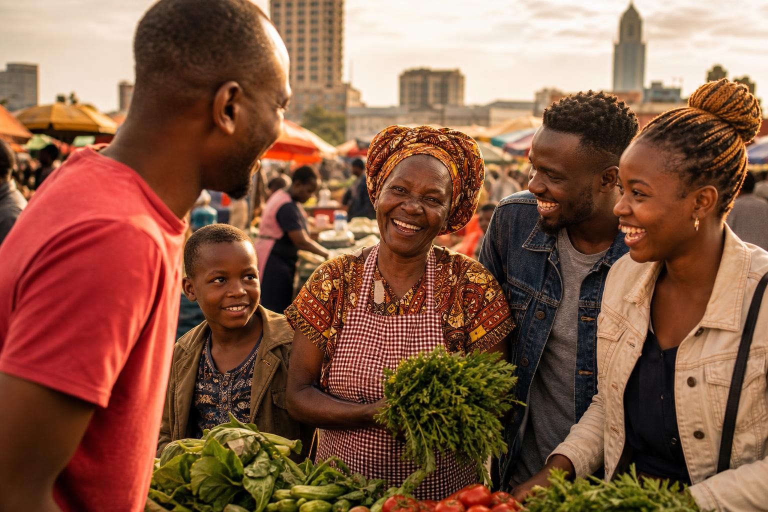 Kenyan community members smiling together at a market